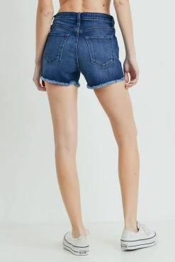 Just Black Women's Hi-Rise Frayed Denim Short With Side Slit- Dark Wash