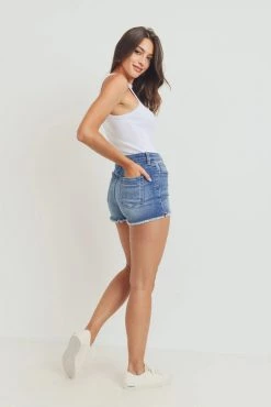 Just Black Hi-Rise Frayed Denim Short With Side Slit- Medium Wash