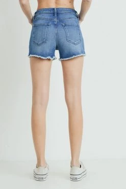 Just Black Hi-Rise Frayed Denim Short With Side Slit- Medium Wash