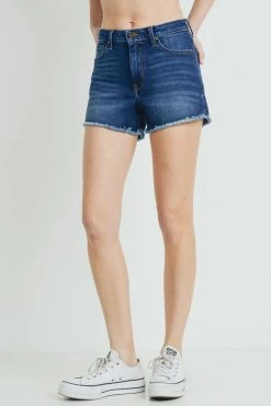 Just Black Women's Hi-Rise Frayed Denim Short With Side Slit- Dark Wash