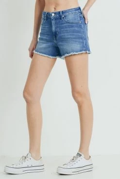 Just Black Hi-Rise Frayed Denim Short With Side Slit- Medium Wash