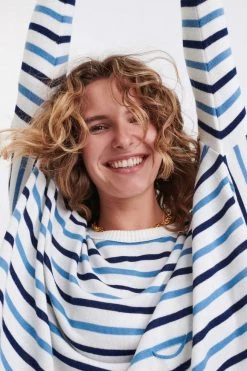 Mer Sea Women's Catalina Crew Neck Sweater - Navy, French Blue, White Stripes