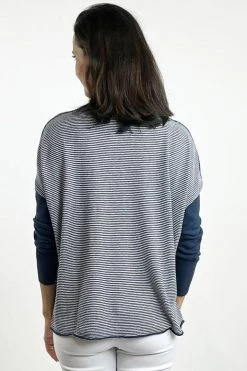 Zaket And Plover Stripe Back Henley Linen Sweater - Navy Women's