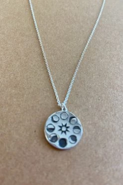 Athena Designs Jewelry Sterling Silver Nature Inspired Necklace: Silver Disk Moon + Sun