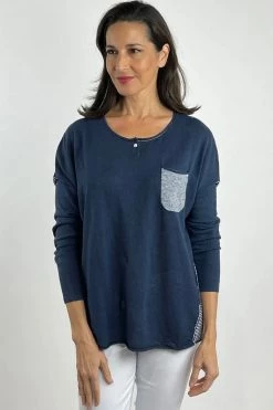 Zaket And Plover Stripe Back Henley Linen Sweater - Navy Women's