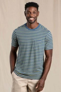 Toad & Co M's Grom Hemp Striped Short Sleeve Tee -Enamel Blue Stripe Men's