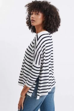 Mer Sea Women's Catalina Crew Neck Sweater - White / Navy Stripes