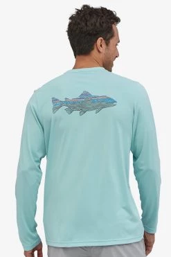 Patagonia Men's L/S Cap Cool Daily Fish Graphic Sun Shirt Woodgrain Fitz Trout