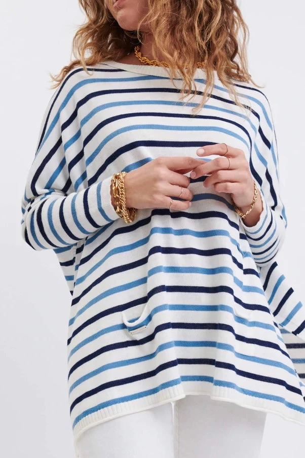 Mer Sea Women's Catalina Crew Neck Sweater - Navy, French Blue, White Stripes 3 Mer Sea Women's Catalina Crew Neck Sweater - Navy, French Blue, White Stripes